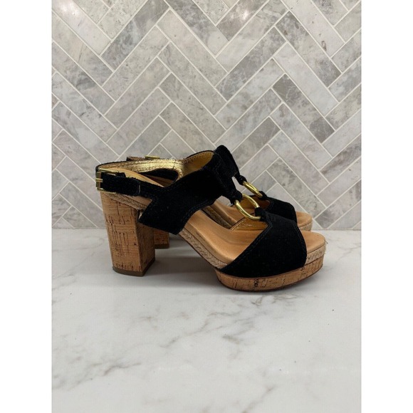 Coach Heels Womens 7 Valeann Cork Block Black Suede Round Open Toe High Gold - Picture 1 of 8